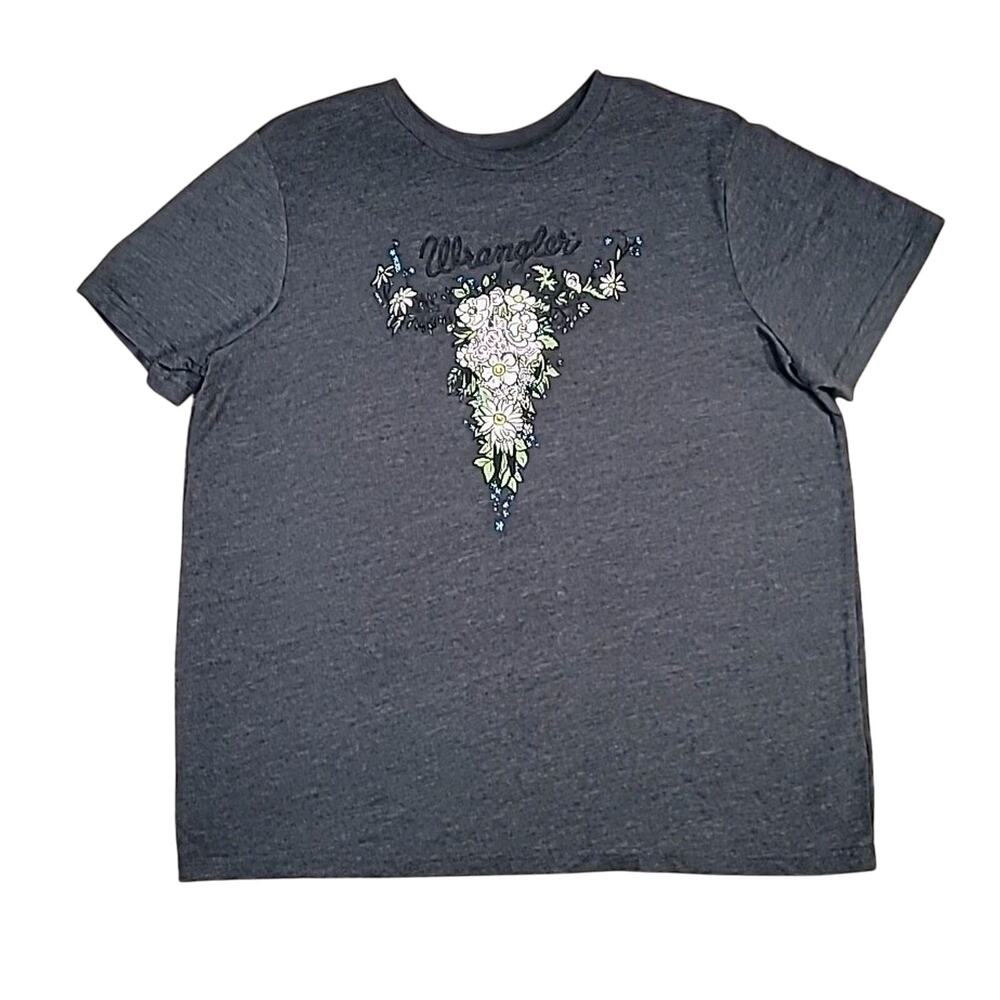 Cowgirl Rodeo Graphic Tee L Gray Floral Cow Skull Western Festival Homestead
